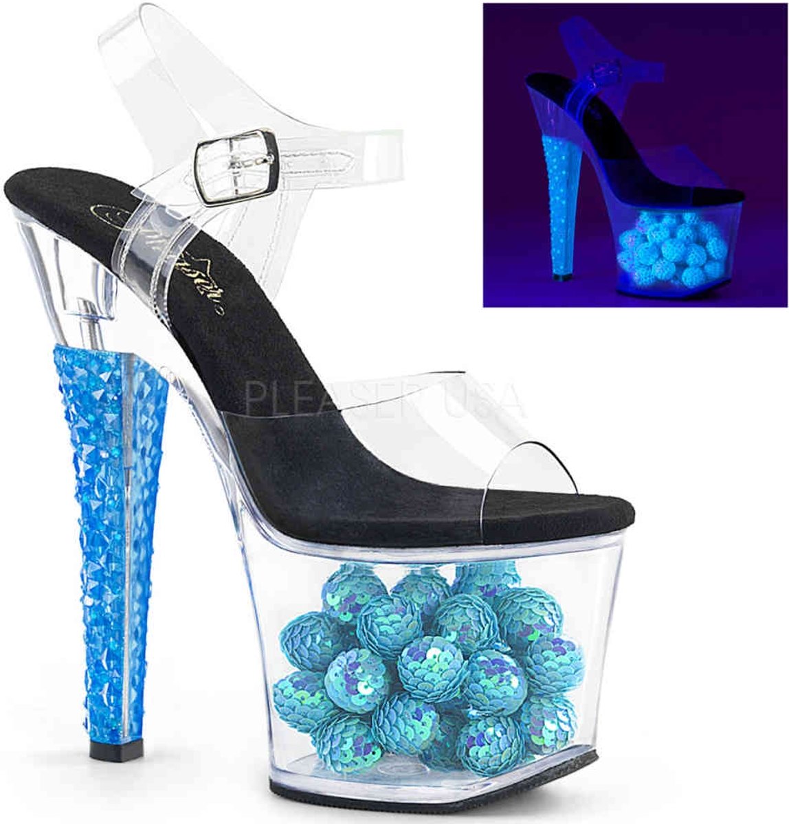 EU 36 = US 6 | RADIANT-708NSB | *7 Heel, 3 1/4 PF Ankle Strap Sandal w/ UV Sequin Ball